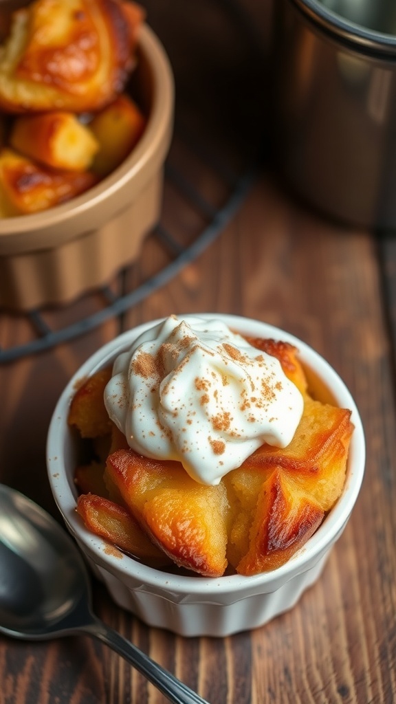 Single-serve bread pudding in a ramekin with whipped cream and cinnamon on a wooden table.